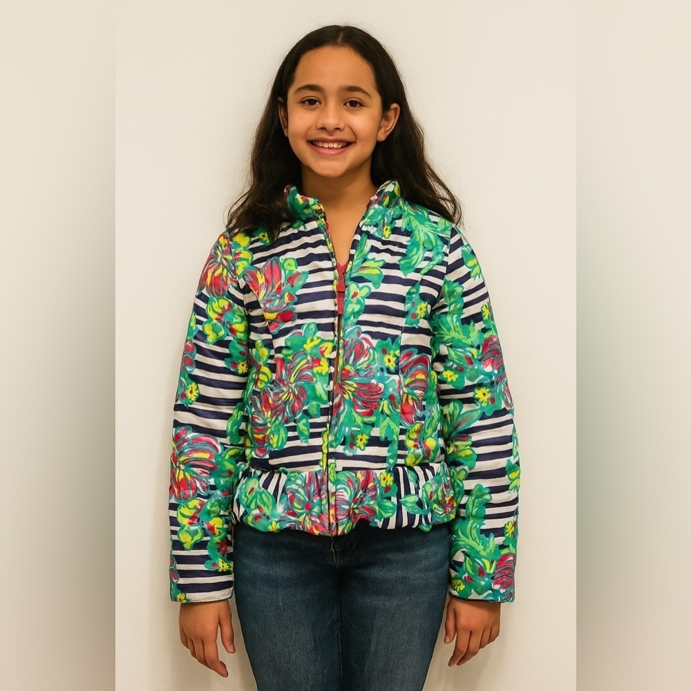 Lilly Pulitzer mini kate Girls Puffer Jacket Size 10/12 – Floral Striped Ruffle